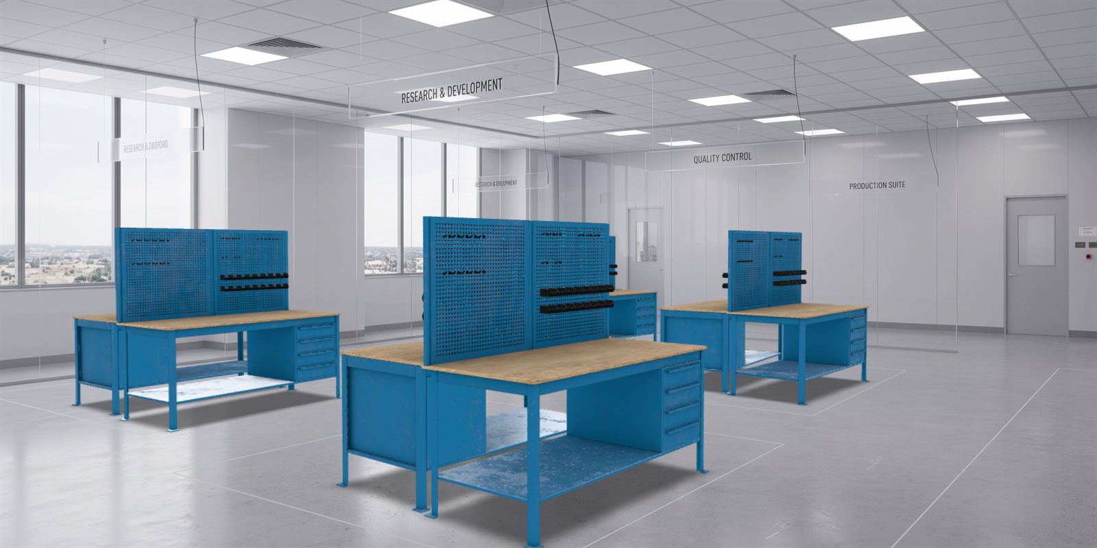 Four 3D workbench models composited into a photo of an empty lab, correctly placed but obviously rendered